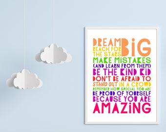 Poster "Sogna in grande con l'arcobaleno": arte murale ispiratrice per ragazze adolescenti (download digitale)