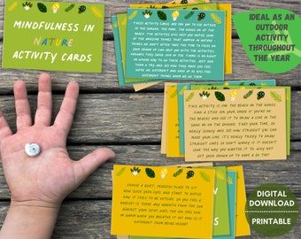 Kids mindfulness cards, PRINTABLE mindfulness in nature activity, kids outdoor activities, mindful printable for kids, homeschool activity
