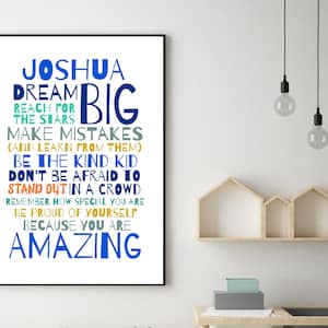 DO DRUKU spersonalizowany plakat Dream Big, spersonalizowana sztuka ścienna dla chłopców, wystrój pokoju nastolatka, plakat motywacyjny dla nastoletnich chłopców, pozytywne cytaty dla chłopców