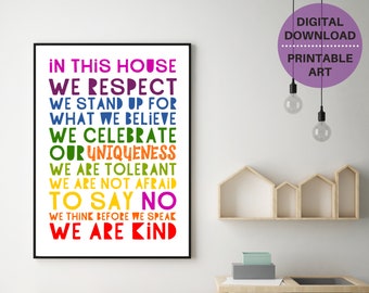 PRINTABLE family rules poster, family gift, home wall decor, We Are Kind word art, kids house rules, positive family quote, Instant Download