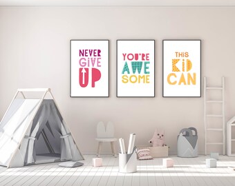 Positive affirmation printable wall art set, motivational art for kids, homeschool decor, home school, rainbow word art, INSTANT DOWNLOAD