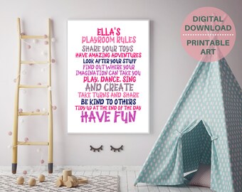 Personalized playroom rules sign, custom gift for girl, girls playroom art, playroom décor, kids room décor, play room poster, PRINTABLE