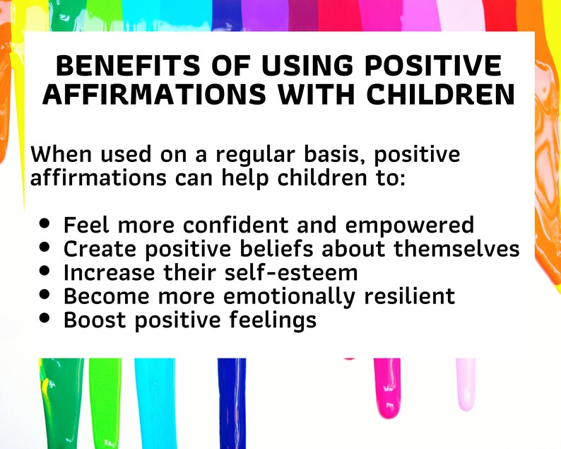 Pu&ograve; includere: Una grafica colorata con il testo "VANTAGGI DELL'UTILIZZO DI AFFIRMAZIONI POSITIVE CON I BAMBINI". Il testo sotto elenca i vantaggi dell'utilizzo di affermazioni positive con i bambini, tra cui sentirsi pi&ugrave; sicuri, creare convinzioni positive, aumentare l'autostima, diventare pi&ugrave; resilienti emotivamente e aumentare i sentimenti positivi.
