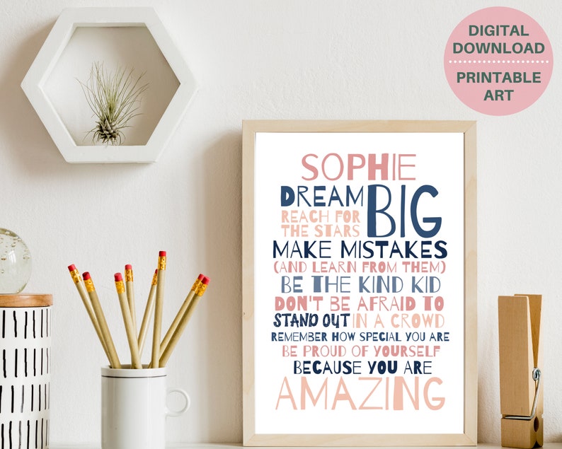 Personalized teen girls inspirational quote print, PRINTABLE custom art for girl, teens room decor, teen girl wall decor, self care gift image 4