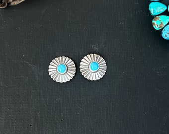 Sterling silver and turquoise concho studs earrings, silver circle earrings, circle studs, concho studs, western earrings, country