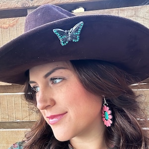 Butterfly hat pin, western hat pin, cowgirl hat accessory, butterfly hat magnet, polymer clay hat pin, turquoise hat accessory, turquoise