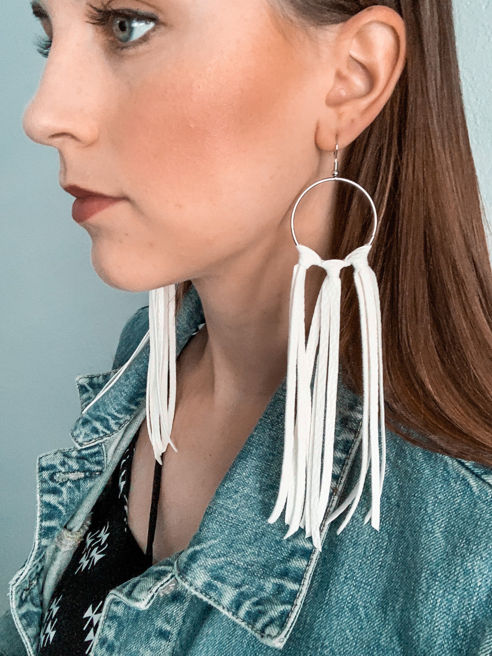 White Fringe Earrings Leather Fringe Earrings Fringe Hoop Etsy