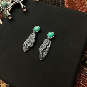 May include: A pair of silver-toned feather earrings with turquoise-colored stones. The earrings are displayed on a black surface, with a necklace visible in the background. The earrings have a detailed feather design and a round turquoise stone at the top.