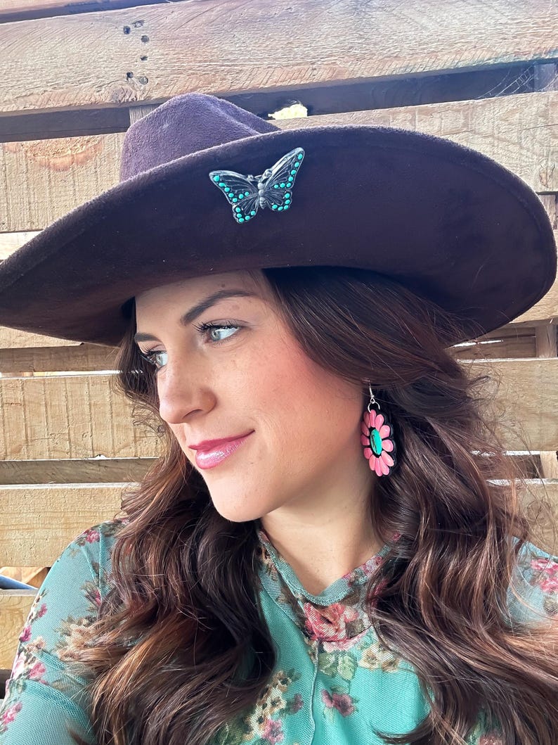 Butterfly hat pin, western hat pin, cowgirl hat accessory, butterfly hat magnet, polymer clay hat pin, turquoise hat accessory, turquoise image 2