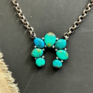 May include: A silver-toned necklace featuring a horseshoe-shaped pendant adorned with vibrant turquoise stones. The stones vary in shades of blue and green, set against a dark background. The chain is a linked design.