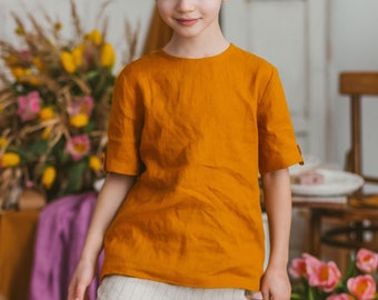 Linen shirt 7Y/122 cm boy, READY to ship mustard shirt boys, short sleeves tshirt, Birthday party Boy clothing, summer shirt, boys clothing