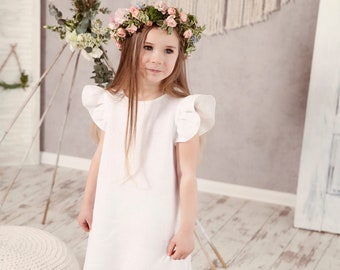 Blumenmädchenkleid weißes Leinen-Baby, Kleinkind, Teenie Mädchenkleid Rüschenärmel längerer Rücken - Taufkleid Taufkleid weiß für ein Mädchen