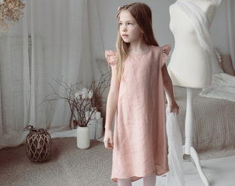 Dusty pink linen dress 8Y / 128 cm girl, READY TO SHIP girl dress, ruffled sleeves longer back linen dress, light pink summer dress for girl