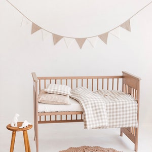 Ropa de cama de lino de cuadros neutros para bebés y niños pequeños, juego de cama a cuadros para guardería, ropa de cama de cuna de lino natural, funda de edredón, funda de almohada