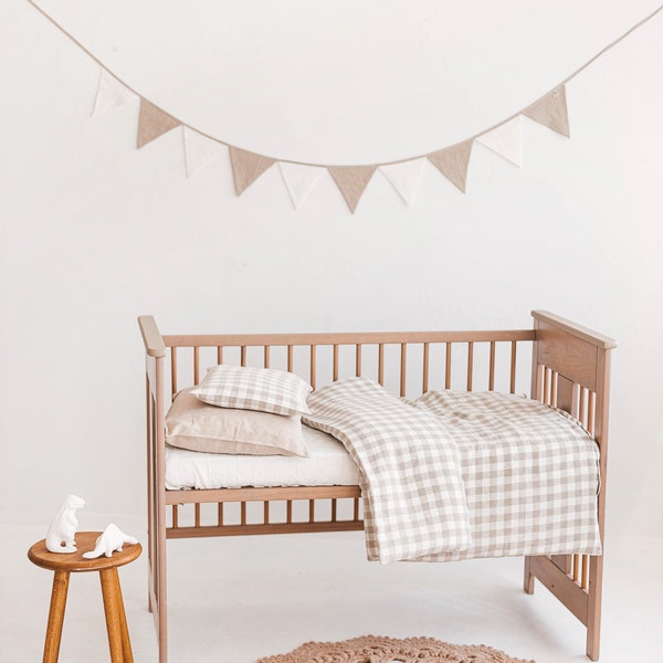 Neutral gingham linen bedding for Baby Toddler, checkered bedding set for nursery, natural linen crib cot bedding duvet cover pillowcase