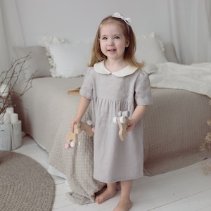 Robe en lin Fille, Robe à col Peter Pan pour bébé tout-petit, Robe de filles de fleurs, Robe classique à col blanc, Robe dété de baptême image 2