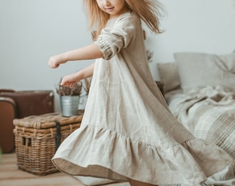 Boho Rustieke jurk Baby Peuter Tienermeisje - pure natuurlijke linnen meisjesjurk - Bloemenmeisjesjurk - Trouwjurk met ruches-jurk met lange mouwen