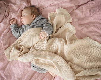 Couverture bohème pour bébé : emmaillotage en mousseline de gaze de coton bio, 4 couches froissées
