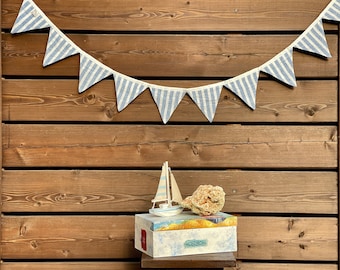 Nautical linen bunting banner, fabric flag garland, navy blue striped bunting, cake smash flag banner, nursery room decor, wall eco hanging