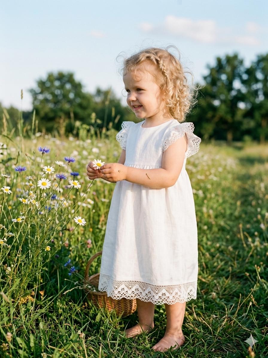 White Girls Dress, Baptism Flower Linen Dress