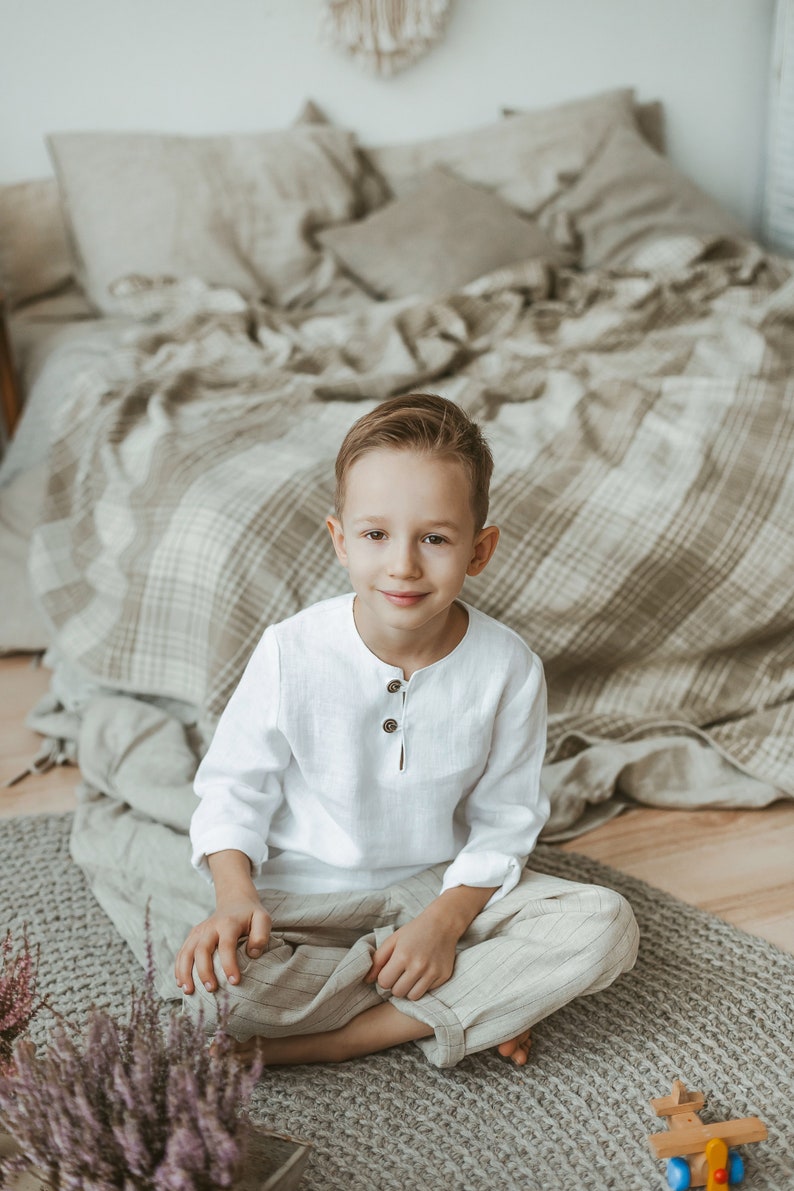 White shirt linen for toddler boys Linen shirt with buttons Christening Baptism white shirt boys clothing for beach weddings image 3