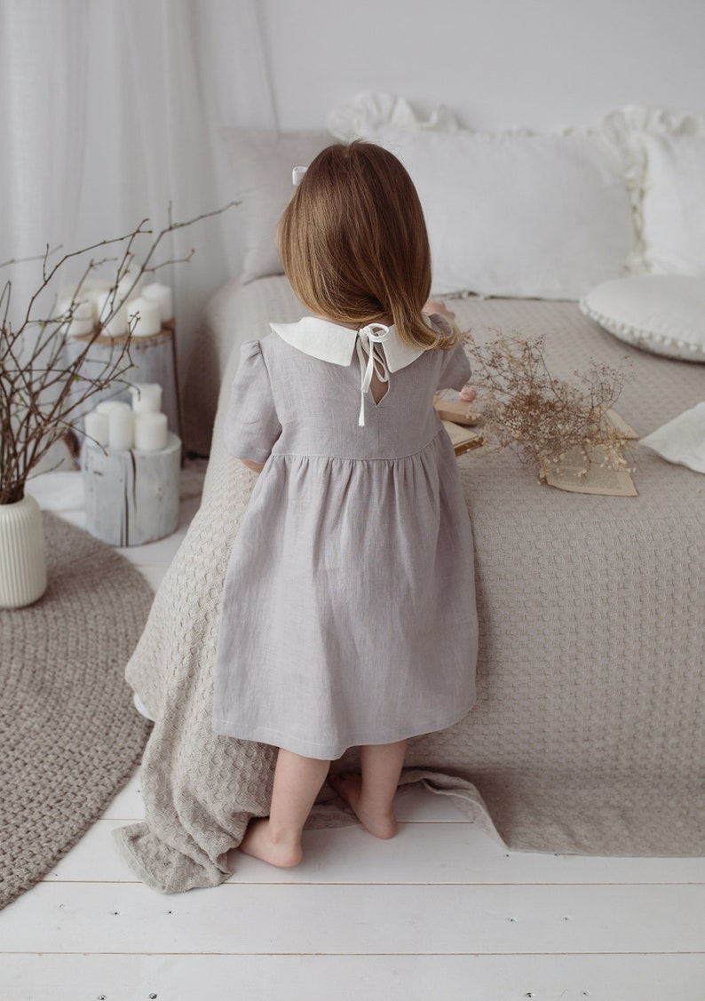 Robe en lin Fille, Robe à col Peter Pan pour bébé tout-petit, Robe de filles de fleurs, Robe classique à col blanc, Robe dété de baptême image 5