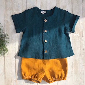 Simple linen shirt top Baby Toddler, Button down shirt White Teal Blue Mustard, baby toddler shirt short sleeves, unisex kids soft linen top image 1