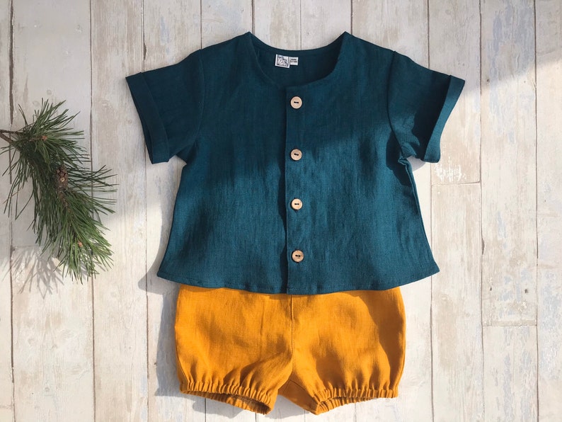 Simple linen shirt top Baby Toddler, Button down shirt White Teal Blue Mustard, baby toddler shirt short sleeves, unisex kids soft linen top image 1