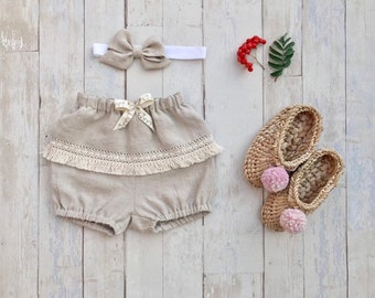 Short bébé fille 6-9 mois, Boho bloomers fille, bloomers en lin rustique doux avec franges, housses de couches, shorts en lin naturel, vêtements pour bébé