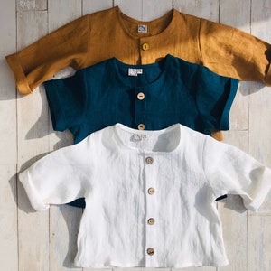 Simple linen shirt top Baby Toddler, Button down shirt White Teal Blue Mustard, baby toddler shirt short sleeves, unisex kids soft linen top image 6