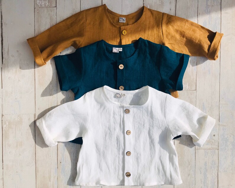 Simple linen shirt top Baby Toddler, Button down shirt White Teal Blue Mustard, baby toddler shirt short sleeves, unisex kids soft linen top image 6