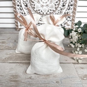Favor gift bags, white linen bags SET of 10, wedding sachets pouches, baptism baby shower gift bags with tan ribbon