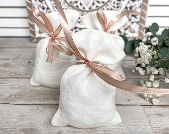Favor gift bags, white linen bags SET of 10, wedding sachets pouches, baptism baby shower gift bags with tan ribbon