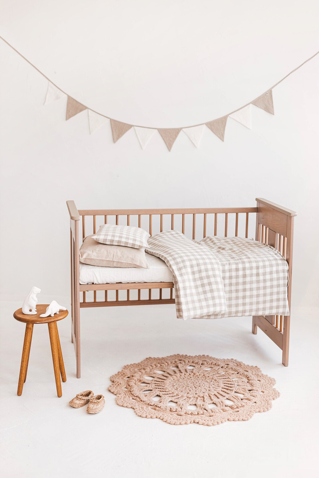 Neutral Gingham Linen Bedding for Baby Toddler, Checkered Bedding Set