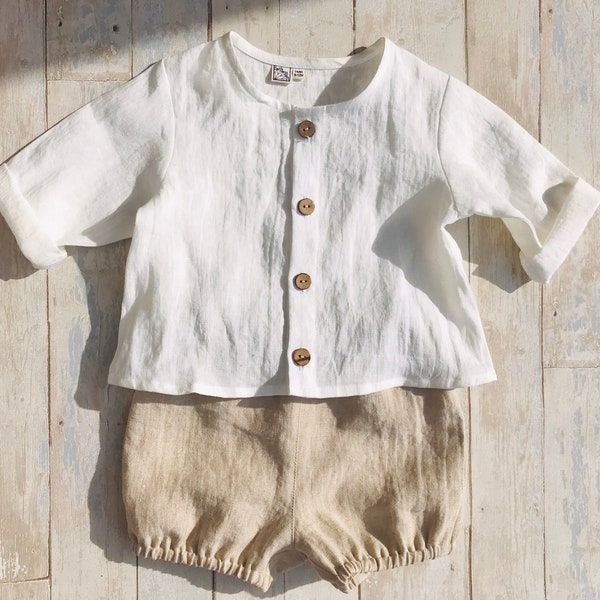 Chemise de baptême blanche, chemise en lin avec boutons, chemise pour nouveau-né et tout-petit, haut boutonné simple, haut de baptême de baptême, vêtements pour enfants