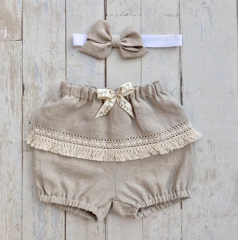 Boho bloomers baby girl 1st birthday natural linen shorts girl diaper covers smash cake outfit soft rustic linen bloomers with fringes