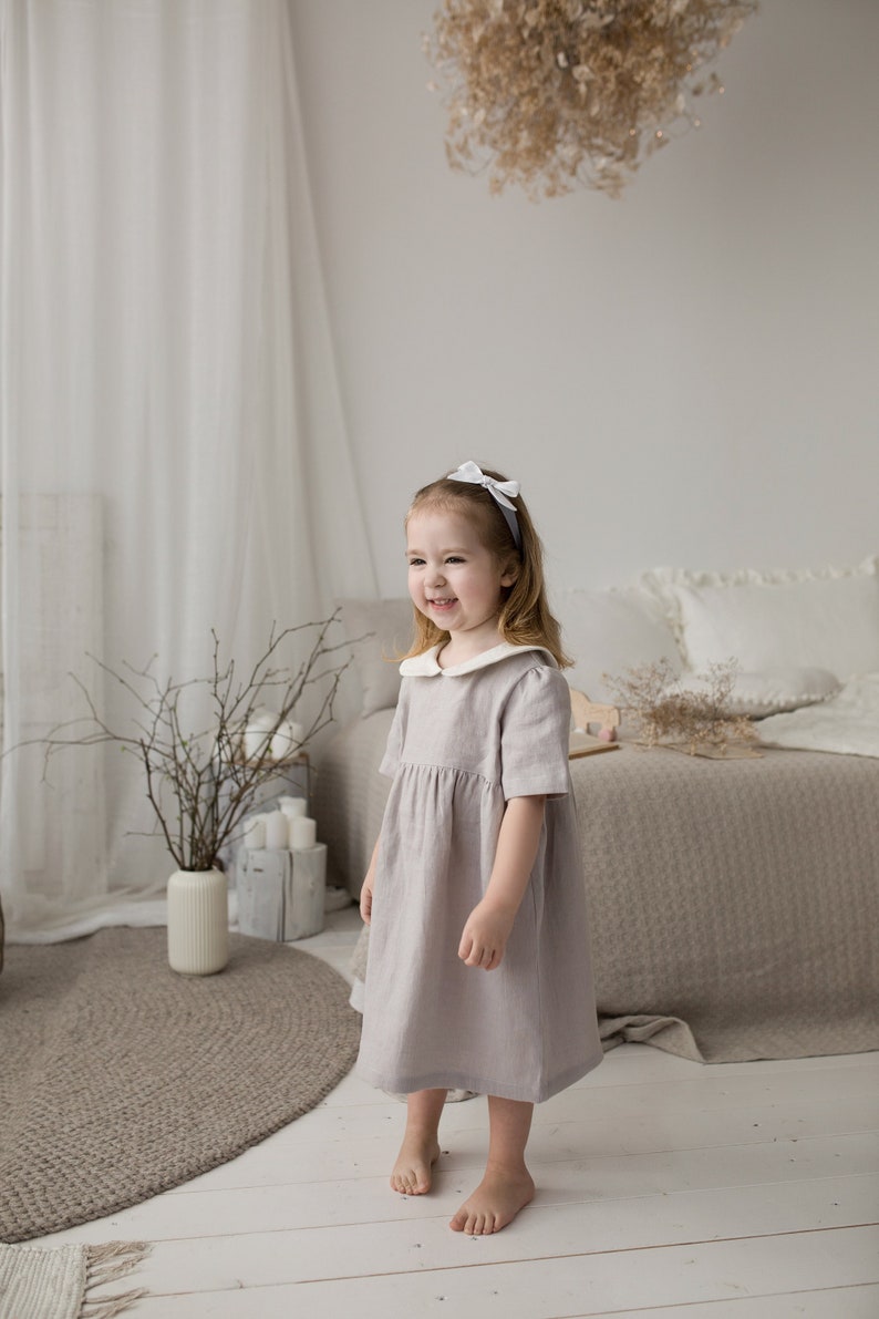 Robe en lin Fille, Robe à col Peter Pan pour bébé tout-petit, Robe de filles de fleurs, Robe classique à col blanc, Robe dété de baptême image 1