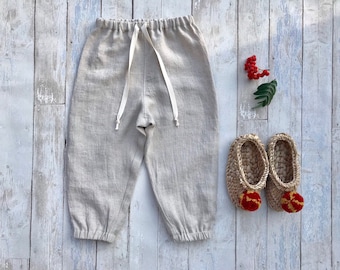 Linen pants boy girl toddler Size 4T, READY to ship washed linen not dyed fabric pants, everyday pants trousers, rustic linen pants