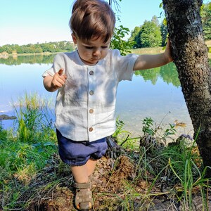 Simple linen shirt top Baby Toddler, Button down shirt White Teal Blue Mustard, baby toddler shirt short sleeves, unisex kids soft linen top image 9