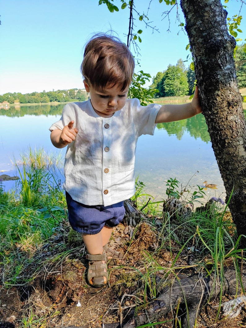 Simple linen shirt top Baby Toddler, Button down shirt White Teal Blue Mustard, baby toddler shirt short sleeves, unisex kids soft linen top image 9