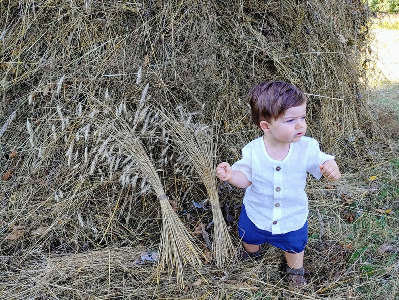 Simple linen shirt top Baby Toddler, Button down shirt White Teal Blue Mustard, baby toddler shirt short sleeves, unisex kids soft linen top image 8