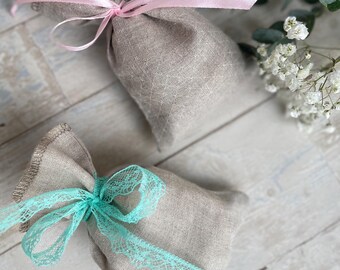 Small linen bags SET of 10, Mini gift bags with ribbon