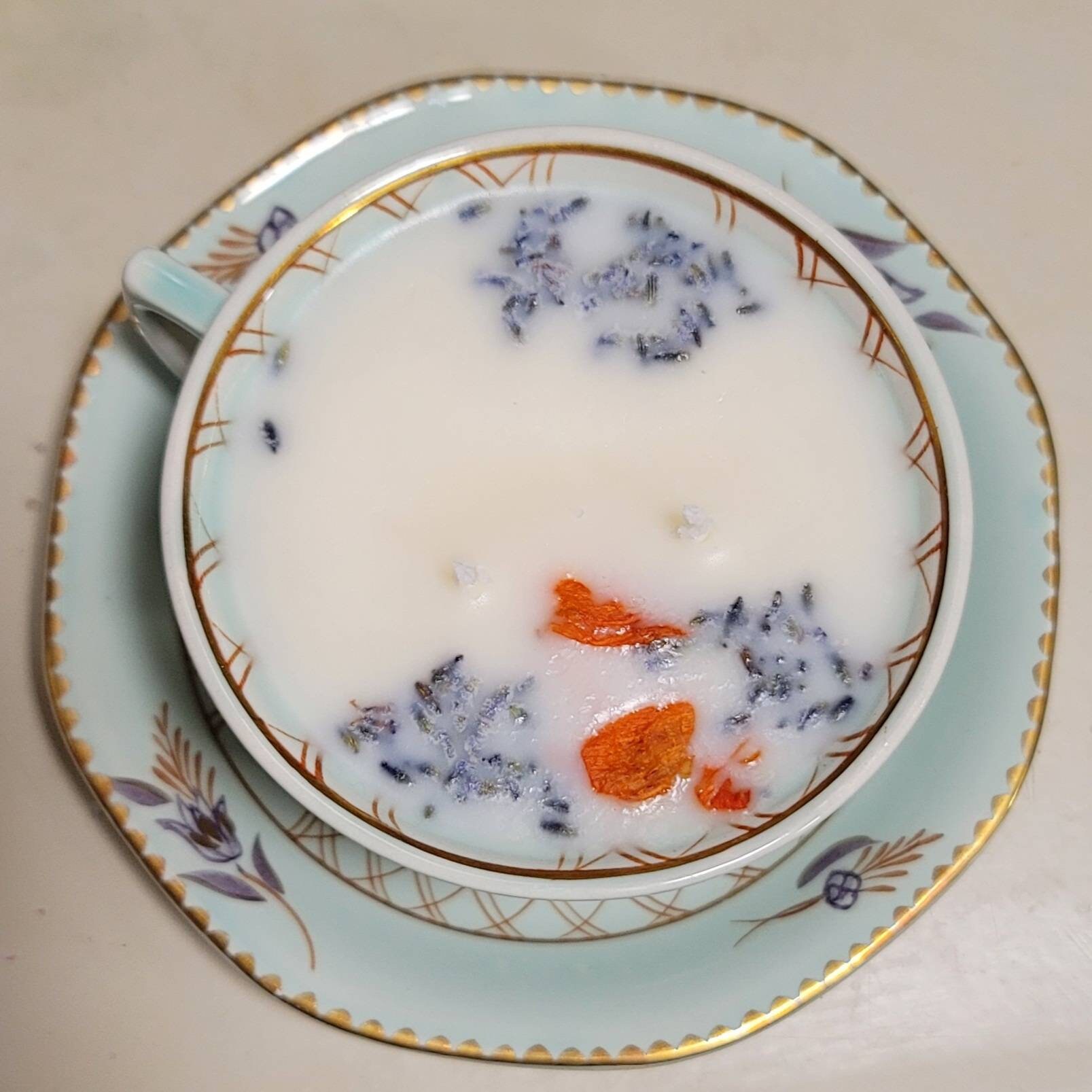 Tea Cup Candles Green W/purple Flowers & Gold Trim Hand Etsy UK