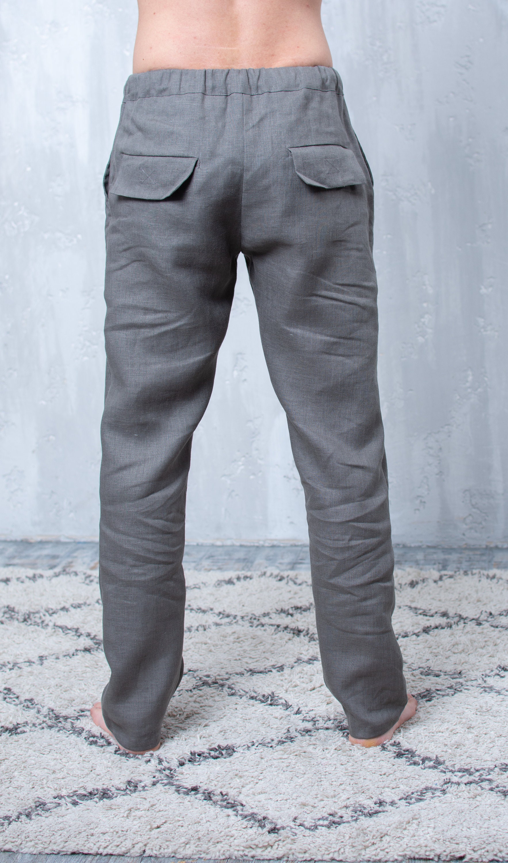 Linen Pants for Men with Back Flap Pockets Trousers with Etsy