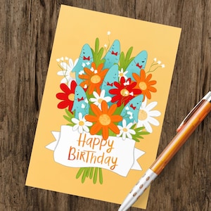 Funny Happy Birthday Card with Sardines & Flowers | Cute Quirky Fish Bouquet | Illustrated Greeting Card | Ocean Gift for Her or Him