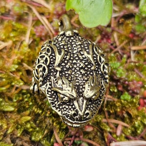 May include: A detailed, antique-style brass pendant in the shape of a stylized frog's head. The pendant features intricate patterns and textures, with visible eyes and mouth details. The frog pendant is suspended from a small loop at the top.