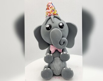 Fondant Elephant Cake Topper Cake Decoration Figure Birthday Safari Wild One Party Hat Bow Girl Boy