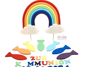 Cake Topper Tortendekoration Fondant Figuren Regenbogen Kommunion Taufe Bunt Fisch Name Datum Mädchen Junge