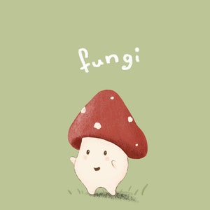 Könnte beinhalten: Eine Cartoon-Illustration eines roten und weißen Pilzes mit einem lächelnden Gesicht und dem Wort "fungi" darüber geschrieben.