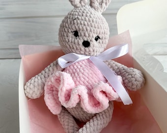 Crochet Ballerina Bunny Doll, Knit Princess Rabbit, Stuff Animal Amigurumi Bunny Toy Easter, Ballet lover gift, nursery decor
